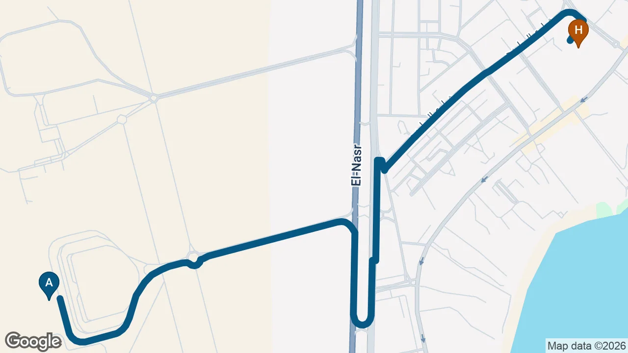 Driving route from Hurghada Airport to Sindbad Club